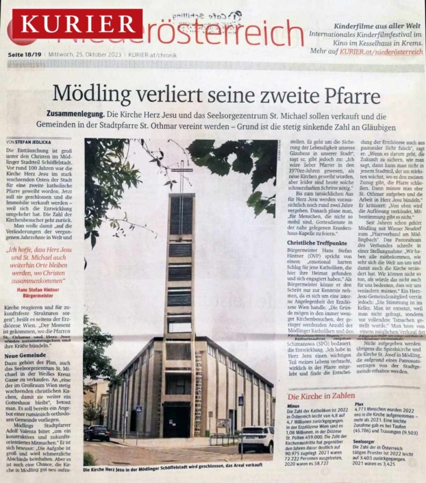 Kurier-Artikel vom 25.10.2023 Kurier: Mödling verliert seine zweite Pfarre