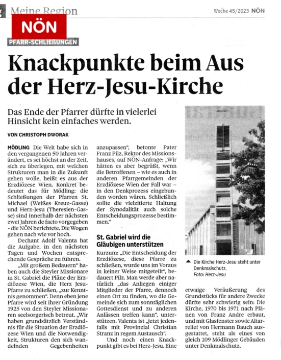 NÖN-Artikel vom 8.11.2023 NÖN: Knackpunkte beim Aus der Herz-Jesu-Kirche